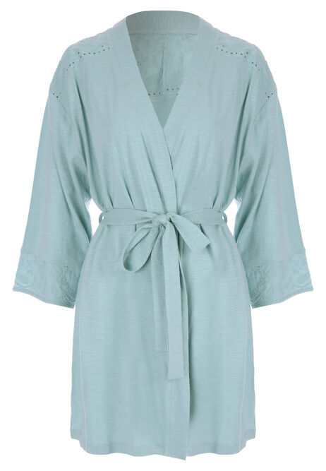 Womens Sage Embroidery Cotton Dressing Gown