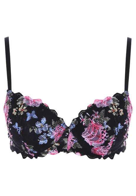 Womens Black Floral Printed Lace Balcony Bra (B-DD)