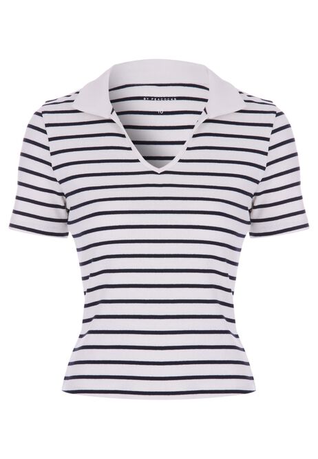 Womans Black and White Ribbed Collar T-Shirt