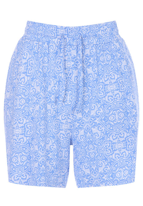 Womens Blue & White Tile Print Shorts