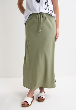Womens Khaki Plain Linen Midi Skirt