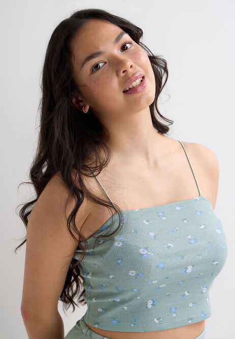 Older Girls Mint Floral Ribbed Cami Top