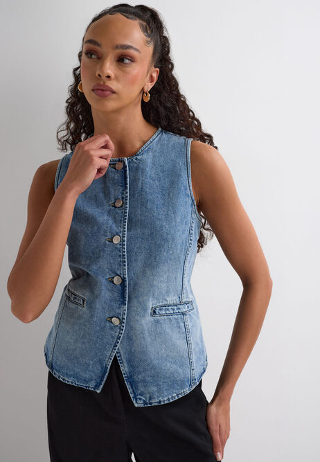 Womens Light Blue Denim High Neck Waistcoat