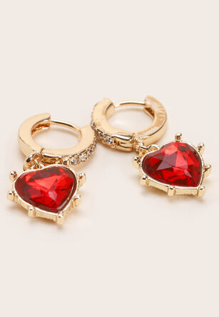 Womens Red Diamante Heart Drop Earrings