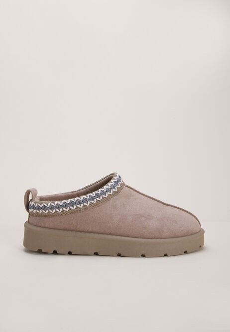 Womens Taupe Embroidered Slip-Ons