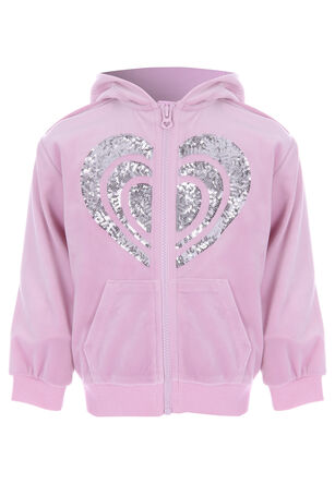 Younger Girls Pink Velour Sequin Heart Zip Through Hoody