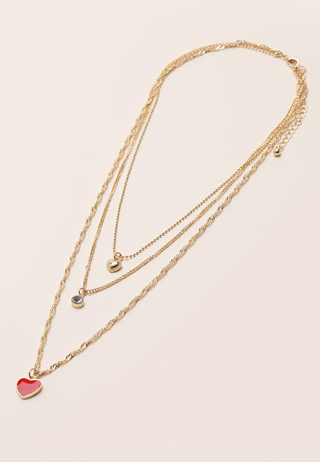 Womens Gold Miniature Heart Three Chain Necklace