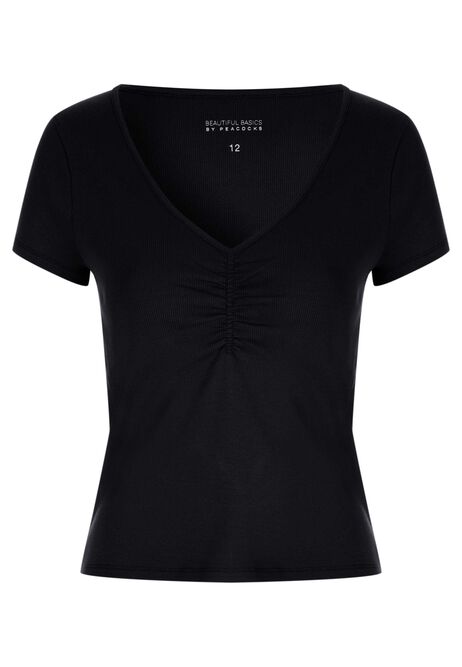 Womens Black Ruched Short Sleeve Top