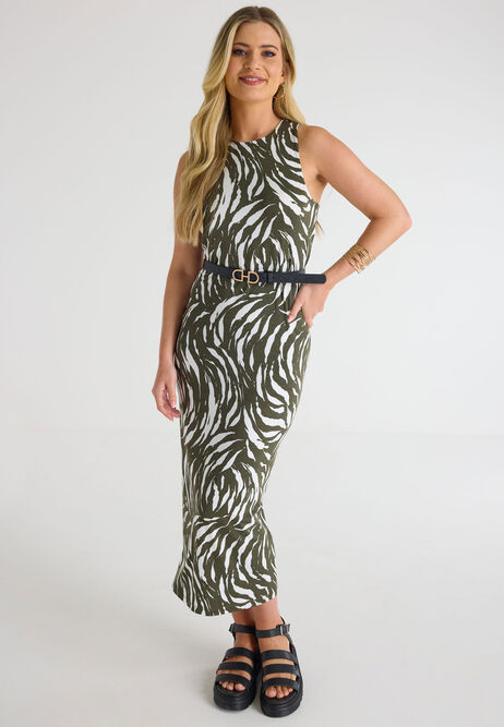Womens Khaki Zebra Print Midi Racer Back Dress