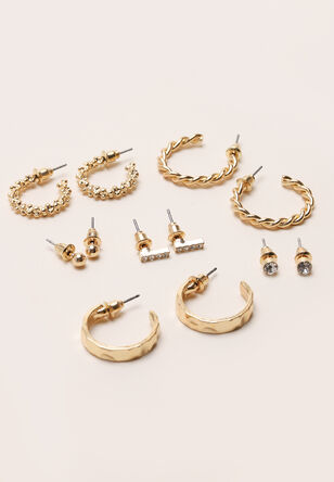 Womens 6pk Gold Diamante Stud & Hoops Earring Set