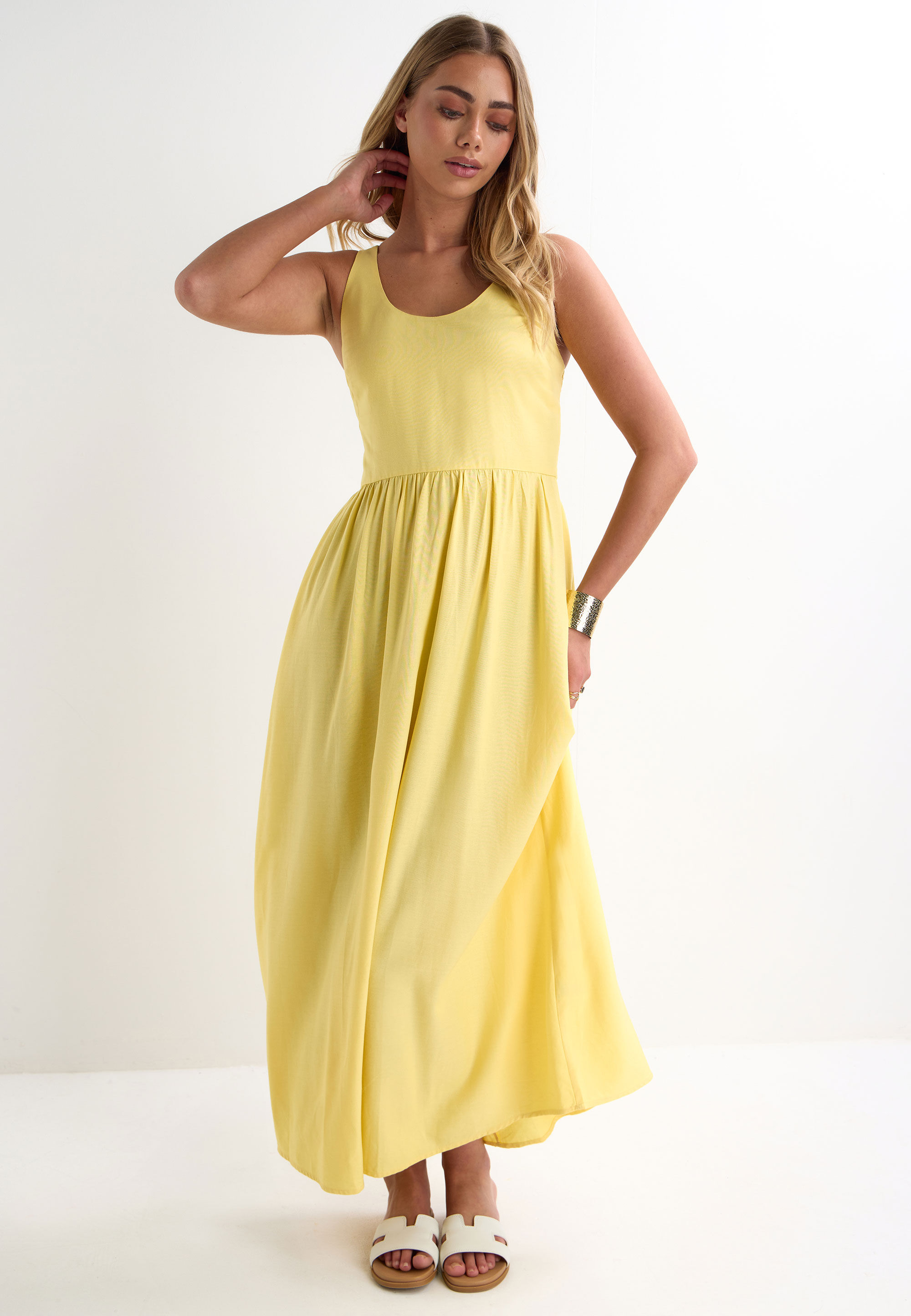 Womens Buttermilk Yellow Linen Blend Midi Dress