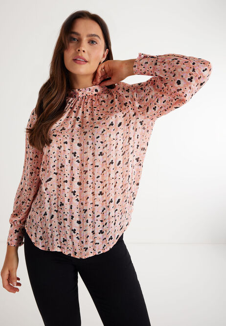 Womens Pink Abstract High Neck Blouse