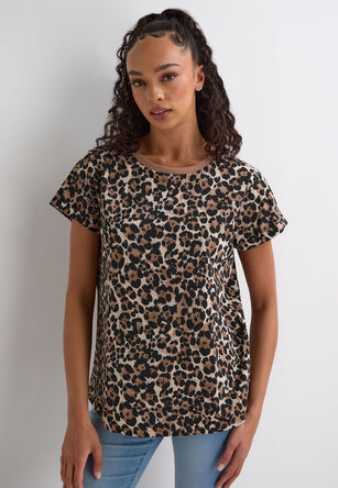 Womens Brown Animal Print Roll Sleeve T-Shirt