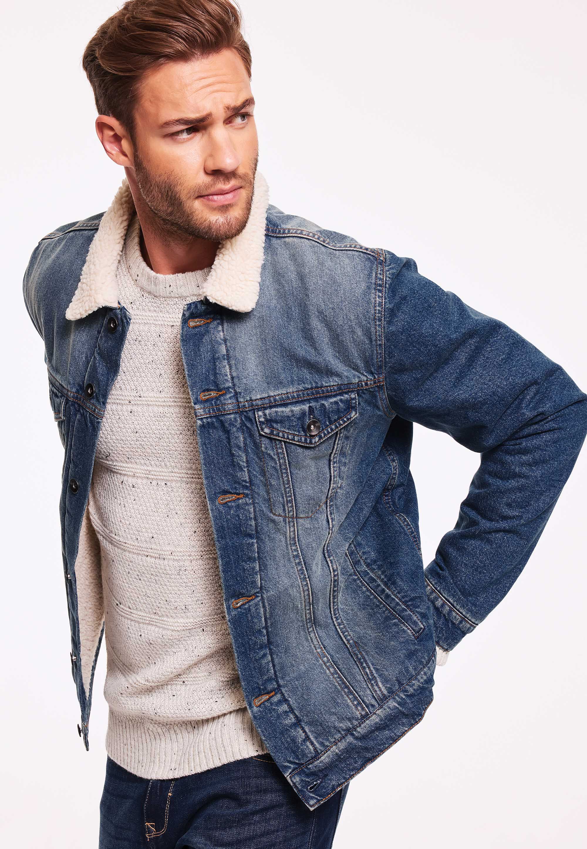 Mens Blue Denim Borg Lined Jacket
