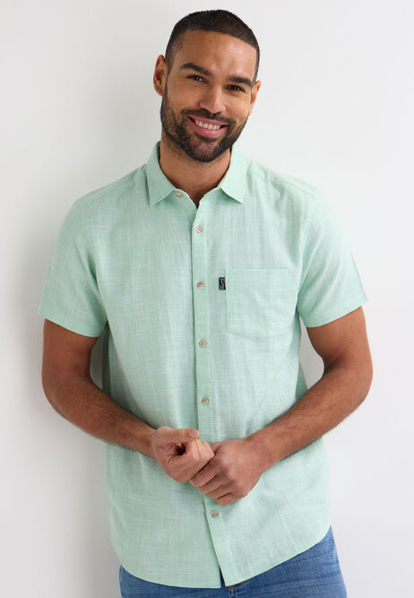 Mens Green Slub Textured Short Sleeve Shirt