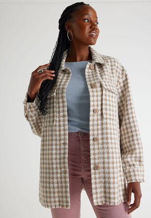 Womens Natural & White Dogtooth Checked Shacket