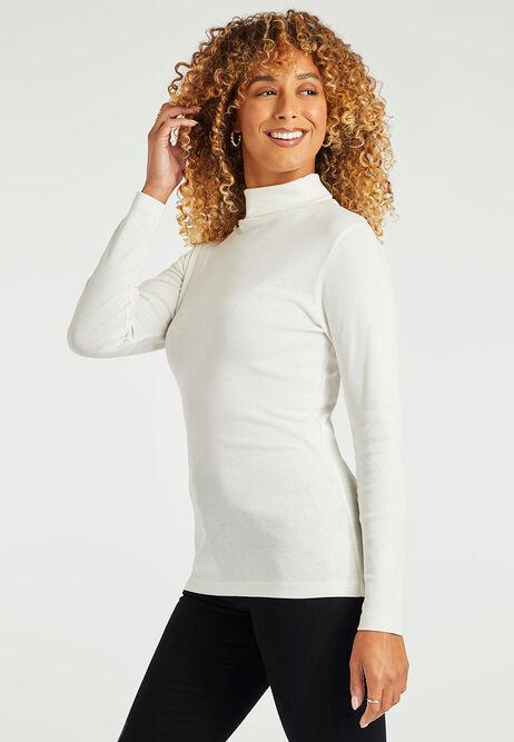 Womens Cream Roll Neck Top with Long Sleeves