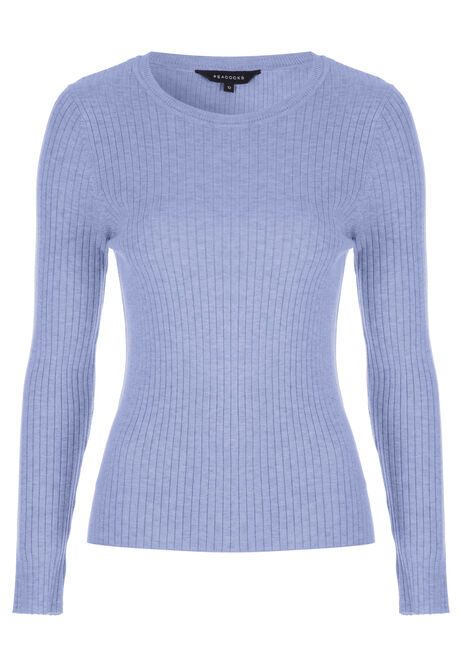 Womens Blue Marl Plain Ribbed Jumper
