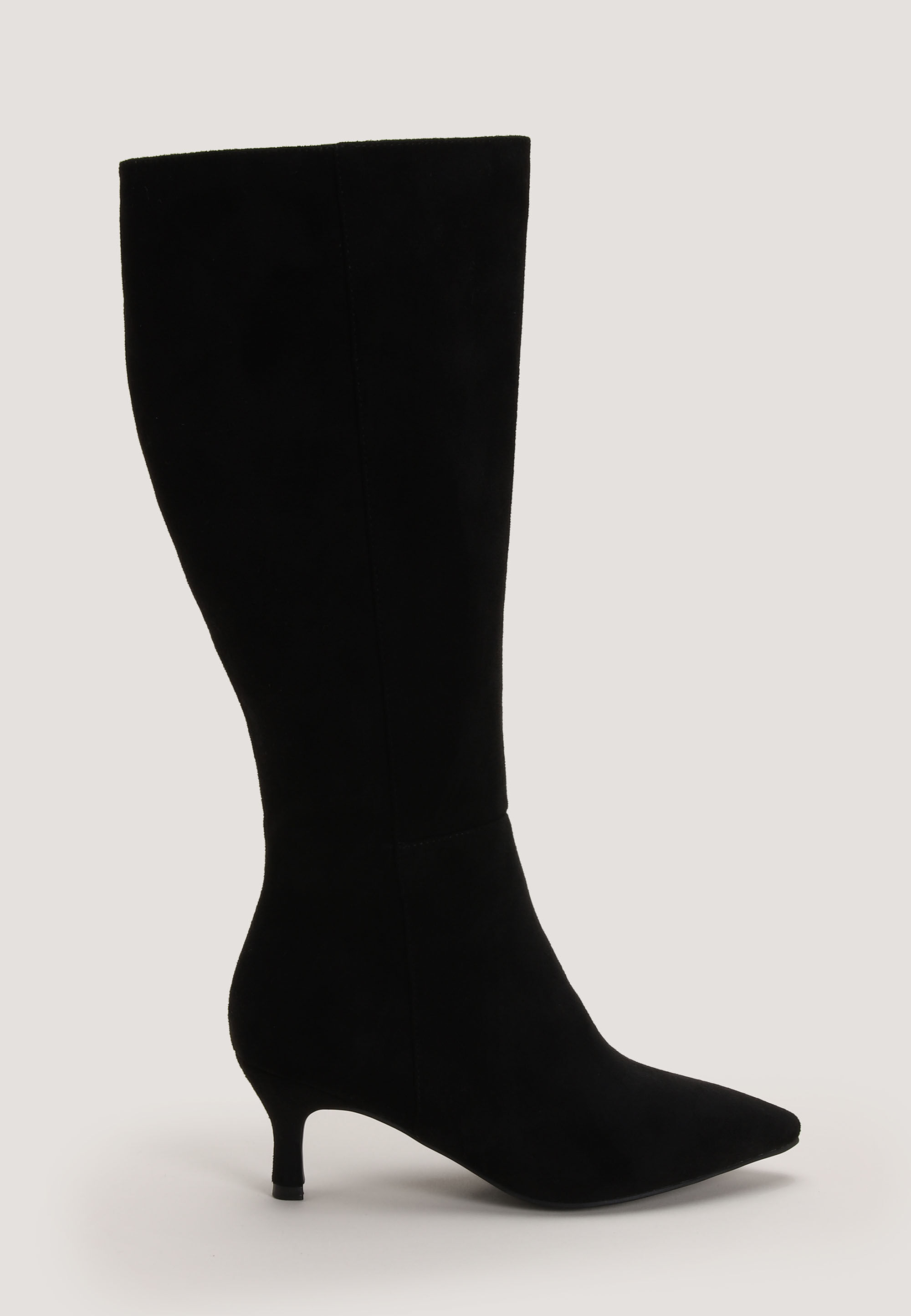Womens Black Suedette Knee High Pointed Kitten Heel Boots Peacocks