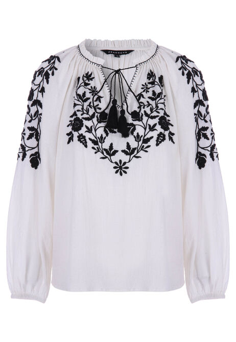 Womens White & Black Embroidered Blouse