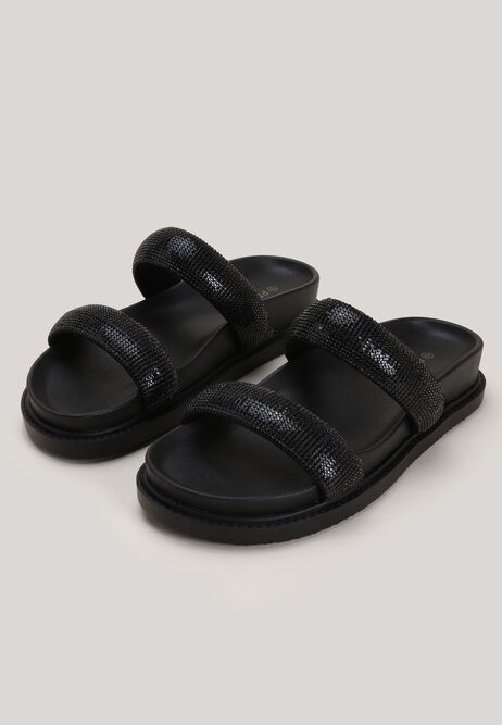 Womens Black Chunky Double Strap Diamonte Footbed Sandals