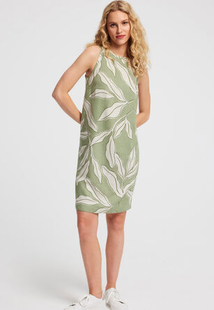 Womens Green Leaf Print Linen Blend Shift Dress