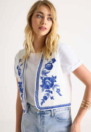 Womens Blue & White Embroidered Waistcoat