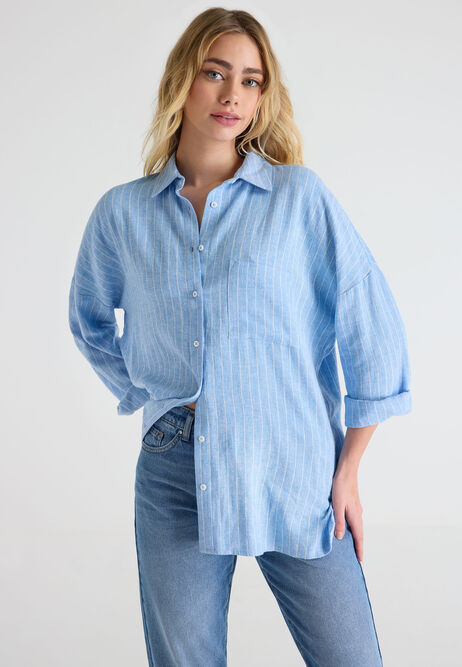 Womens Blue Stripe Linen Blend Shirt