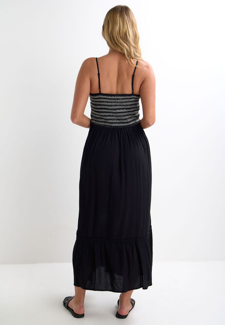 Womens Black & Cream Embroidered Shirred Midi Dress