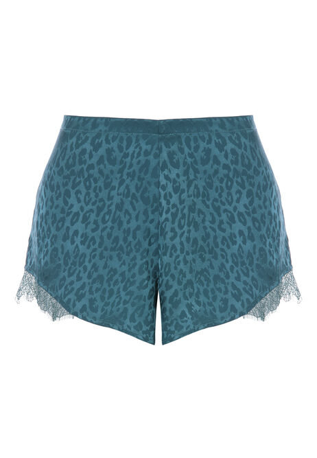 Womens Green Leopard Satin Shorts 