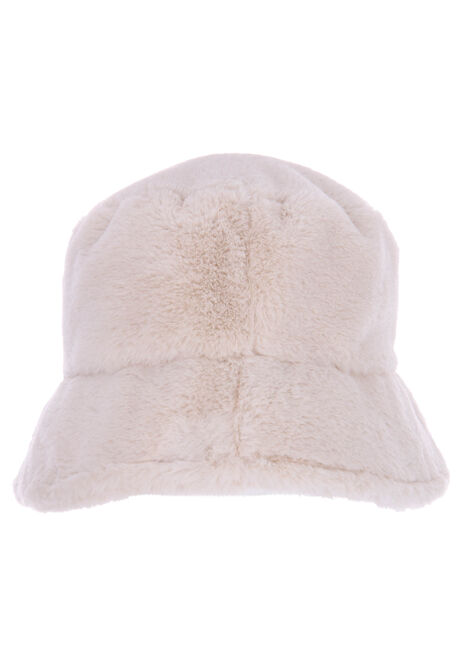 Womens Cream Faux Fur Bucket Hat
