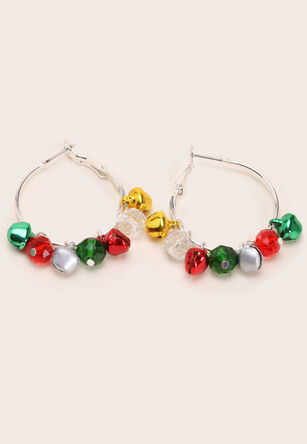 Womens Silver Christmas Bell Hoop Earrings