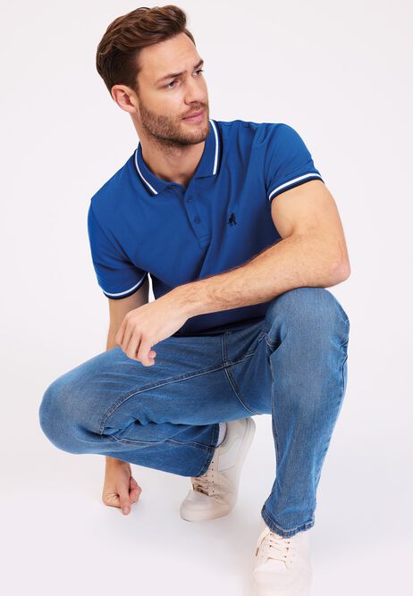 Mens Blue Polo Shirt with Stripe Collar
