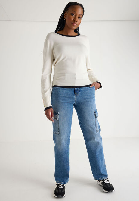 Womens White & Black Button Cuffed Jumper
