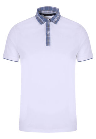 Mens White & Blue Check Trim Polo Shirt 