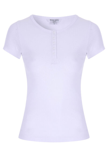 Womens White Ribbed Placket Front Short Sleeve Top