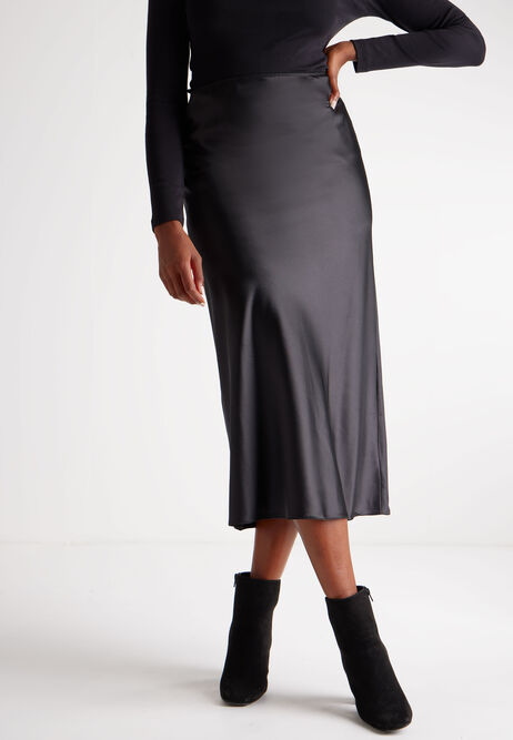 Womens Black Satin Midi Skirt 