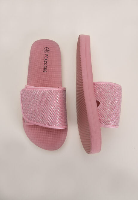 Womens Pink Glitter Velcro Sandal Slider