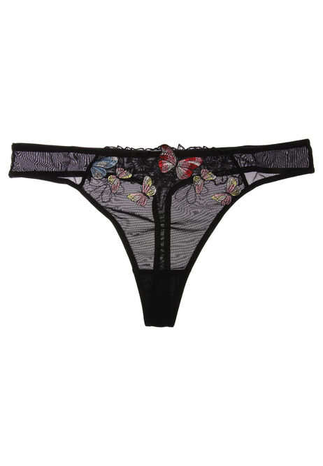 Womens Black Butterfly Embroidered Thong