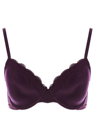 Womens Plum Satin Lace Trim T-Shirt Bra (B-DD)