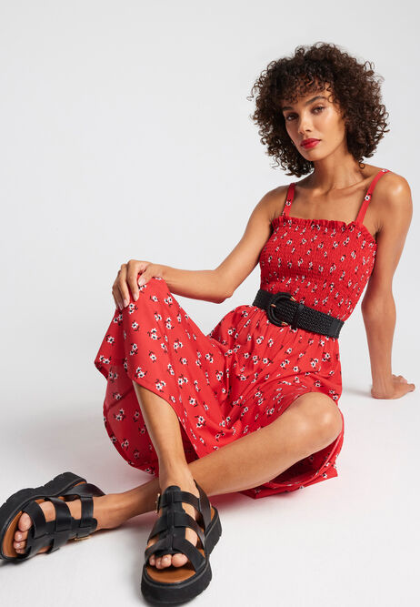 Womens Red Floral Shirred Bodice Midi Dress