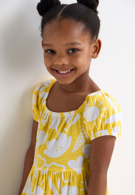 Younger Girls Yellow & White Floral Print Tiered Dress