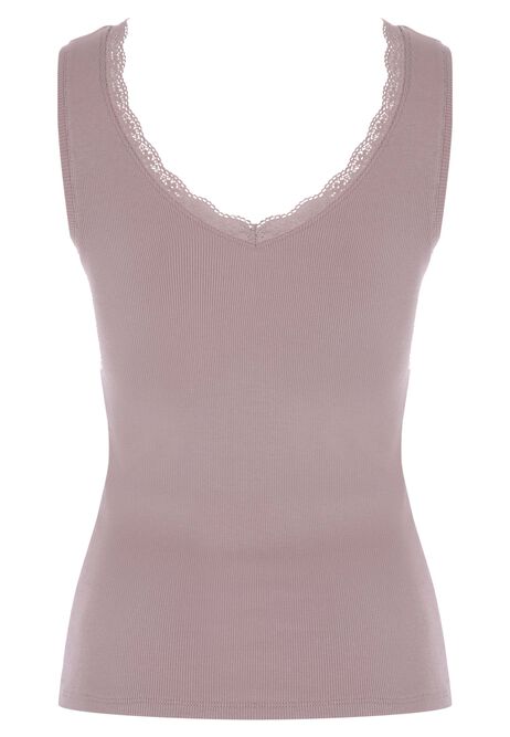 Womens Light Brown Ribbed Lace Trim Vest Top