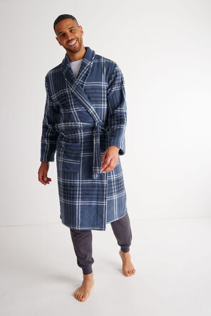 Mens Navy Blue Check Shawl Collar Dressing Gown