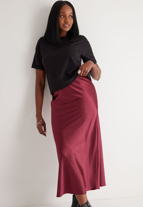 Womens Burgundy Satin Midi Skirt 