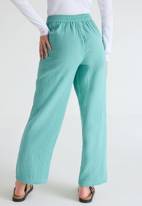 Womens Green Cotton Pull On Wide Leg Trousers