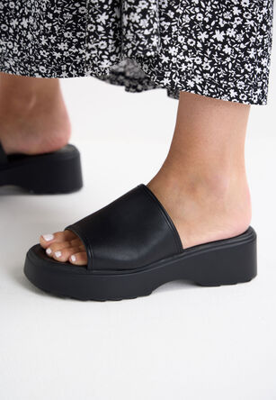 Womens Black Wedge Mule Sandals
