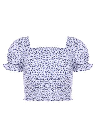 Older Girls Blue Floral Shirred Short Sleeve Top