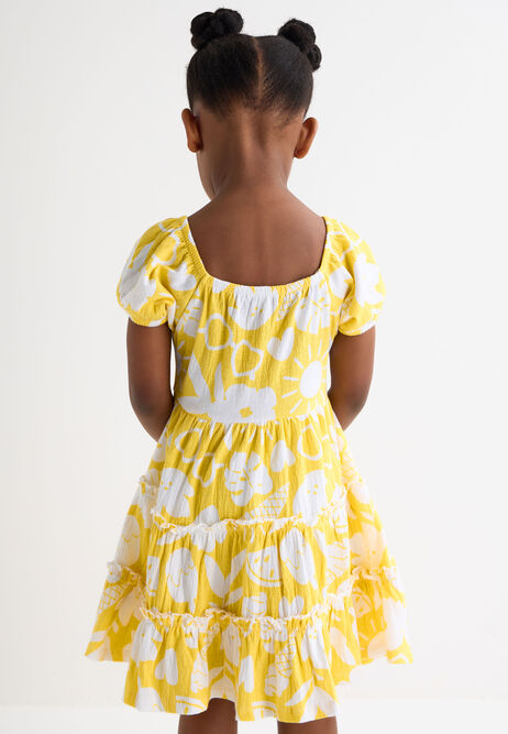Younger Girls Yellow & White Floral Print Tiered Dress