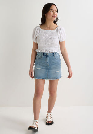 Older Girls White Shirred Puff Sleeve Top